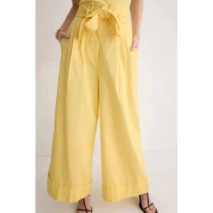 Adam Lippes Tie Waist Wide Leg Pants Yellow Pleated High Rise Women Size 14